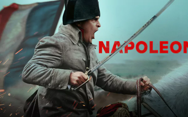 HD desktop wallpaper featuring a dynamic portrayal of a figure inspired by Napoléon Bonaparte in military uniform brandishing a sword, with the name Napoléon prominently displayed.