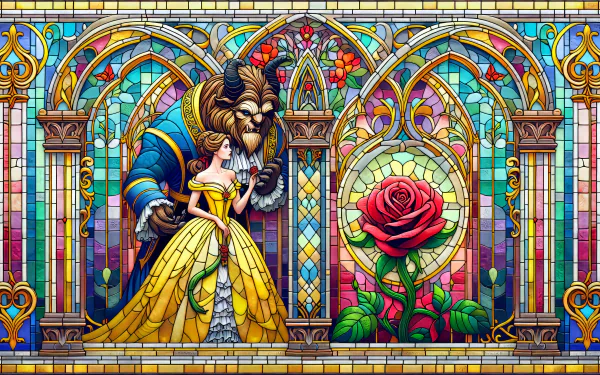 Stunning HD wallpaper depicting Beauty and the Beast (1991) in a vibrant stained glass design, showcasing Belle, the Beast, and a blooming red rose.