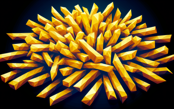 HD wallpaper of stylized digital art featuring a burst of golden french fries on a dark background.