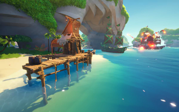 HD wallpaper featuring Blazing Sails game with a pirate ship battle near a tropical island wooden pier.