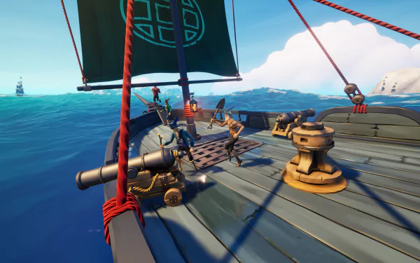 HD desktop wallpaper featuring Blazing Sails pirate game with a view of the deck and sails of a virtual ship on the high seas, with another ship in the distance.