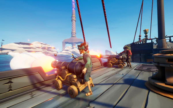HD wallpaper of Blazing Sails, featuring pirate characters manning cannons on a ship deck with dynamic action and vivid graphics.