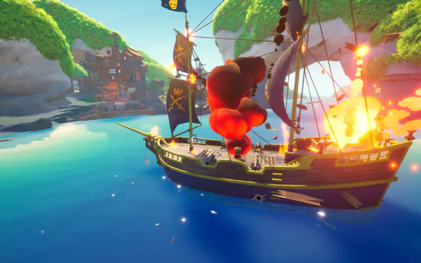 HD desktop wallpaper featuring a Blazing Sails pirate ship with billowing sails engaged in an action-packed battle at sea, set against a vivid island backdrop.