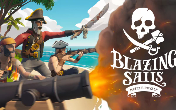 HD desktop wallpaper for Blazing Sails featuring animated pirates in combat with guns and swords, under a logo with a skull, set against a tropical island backdrop.