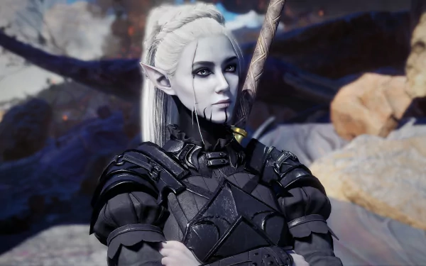 HD desktop wallpaper featuring a character from Baldur's Gate 3, an elf in black armor set against a rocky landscape background.