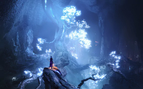 HD desktop wallpaper of Baldur's Gate 3 featuring a mystical underground cave with glowing blue trees and a lone adventurer observing the surroundings.