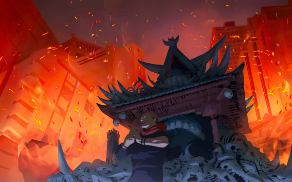 A dramatic HD wallpaper featuring Sukuna from Jujutsu Kaisen, set against a fiery backdrop of destruction and chaos, showcasing the intense atmosphere of the anime.