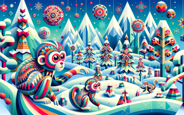 Colorful illustration of snow monkeys in a whimsical winter landscape for HD desktop wallpaper and background.