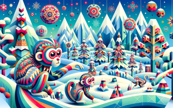 Colorful illustration of snow monkeys in a whimsical winter landscape for HD desktop wallpaper and background.