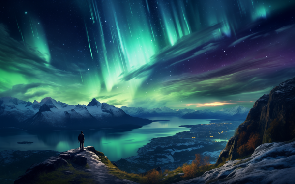 Hiker admiring the stunning Aurora Borealis over snowy mountains, a perfect HD wallpaper for desktop backgrounds.