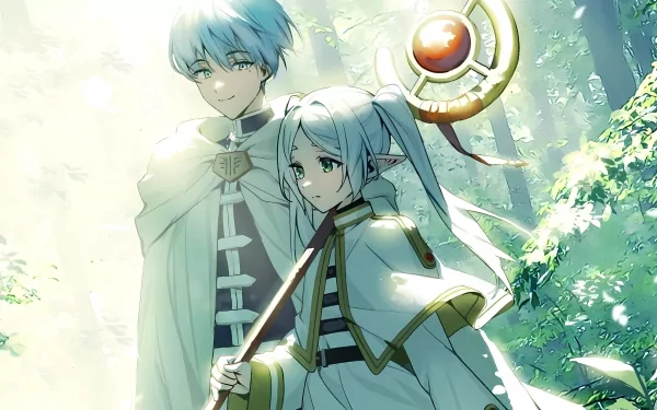 HD anime desktop wallpaper featuring Frieren and Himmel from Frieren: Beyond Journey's End, bathed in gentle forest light with detailed, vibrant art style.