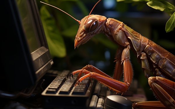 Humorous HD wallpaper featuring a praying mantis appearing to work on a computer keyboard, ideal for desktop background with a comical touch.