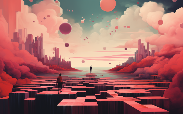 Fantasy cityscape HD desktop wallpaper with surreal floating spheres and figures amidst geometric shapes under a dreamy pink sky.