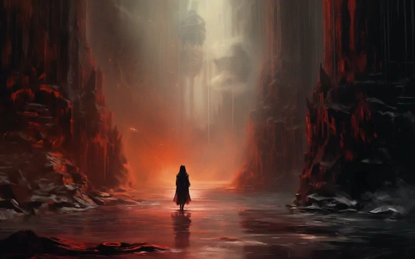 HD desktop wallpaper of a mysterious figure standing in a cave with ruins and red lighting.