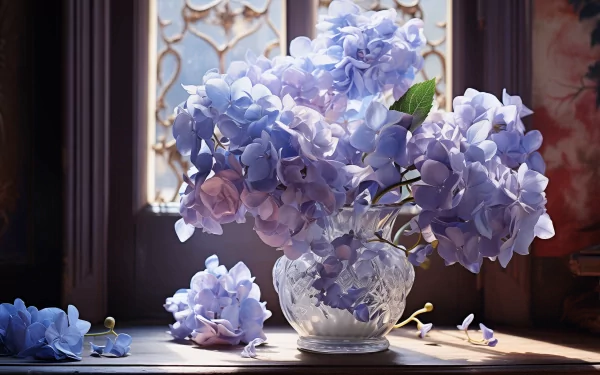 Stunning HD desktop wallpaper featuring blue hydrangea flowers in a clear vase with natural light by a window.