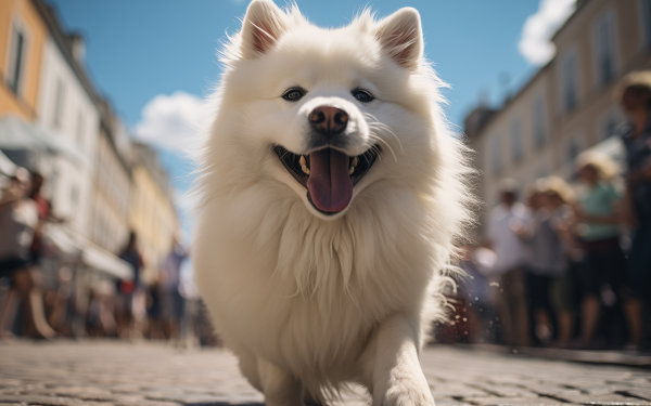 Fluffy white Samoyed dog smiling and walking on a sunny street, perfect as an HD desktop wallpaper and background.