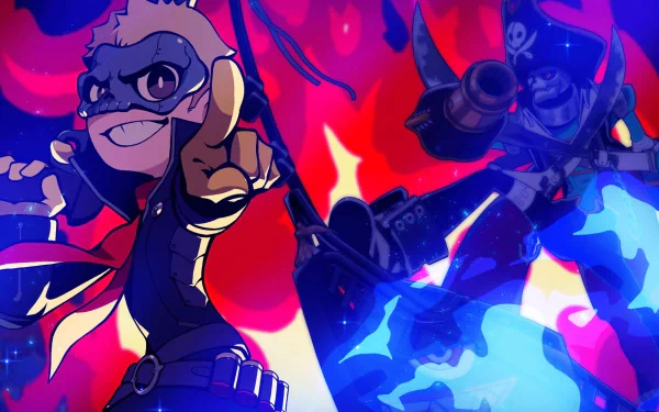 HD Persona 5 Tactica desktop wallpaper featuring dynamic character art with vibrant red and blue background.