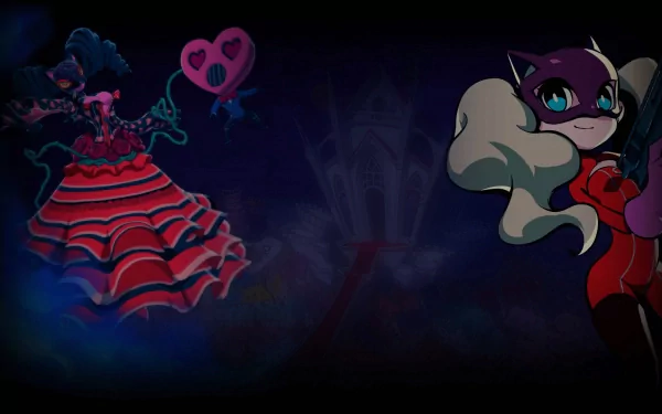 HD desktop wallpaper featuring stylized characters from Persona 5 Tactica with a dark, mysterious background theme.