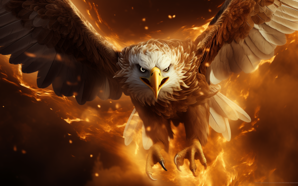 Majestic hawk soaring with outstretched wings against a fiery background, HD wallpaper.