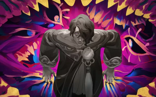 HD desktop wallpaper featuring Hwei from League of Legends, depicted against a vibrant, abstract background with striking colors and mystical motifs.