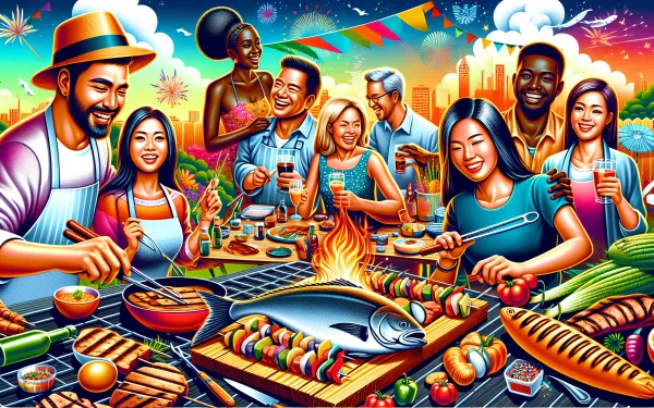 Vibrant HD wallpaper of a joyful barbecue party scene with diverse group of friends cooking and enjoying food together.