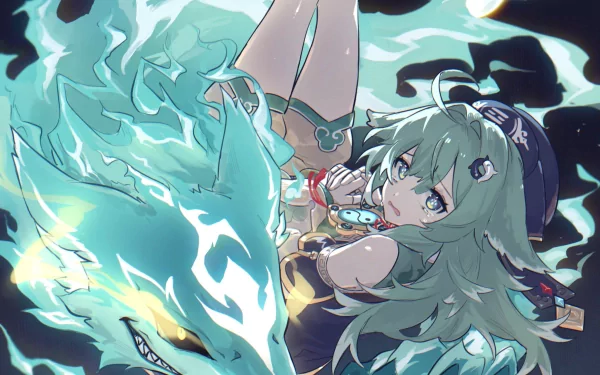 HD wallpaper of Huohuo from Honkai: Star Rail, featuring the character in dynamic action surrounded by blue flames.