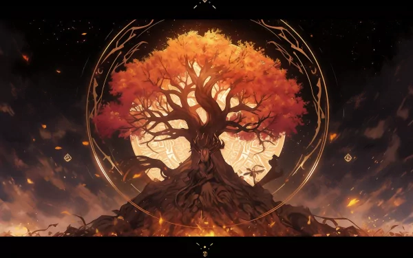 A stunning HD desktop wallpaper featuring Yggdrasil, the World Tree, with vibrant orange leaves against a glowing moon, surrounded by intricate geometric patterns.
