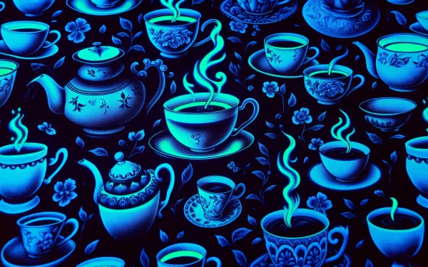 A visually striking HD wallpaper featuring an array of intricately designed cups and teapots, all steaming with black tea, set against a vibrant blue floral background.