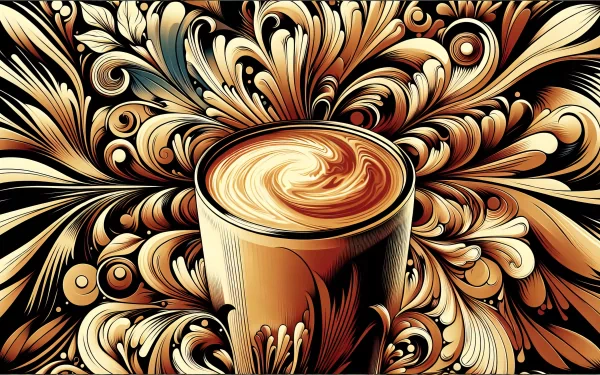 Artistic HD wallpaper featuring a stylized latte with intricate cream swirl patterns on a decorative abstract background.