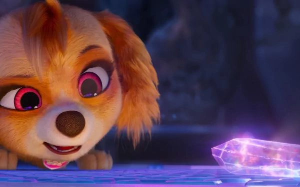 HD wallpaper of a PAW Patrol character from The Mighty Movie, with a crystal in the foreground.