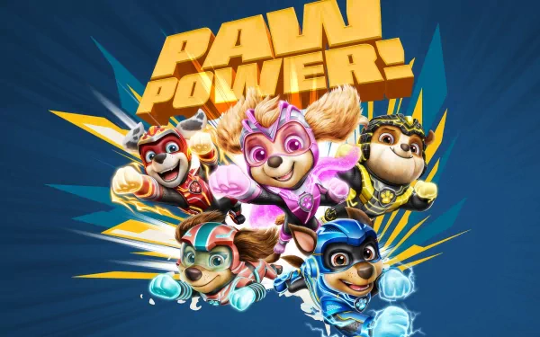 HD desktop wallpaper of PAW Patrol: The Mighty Movie featuring the animated pups in dynamic heroic poses on a blue background with the text PAW POWER!