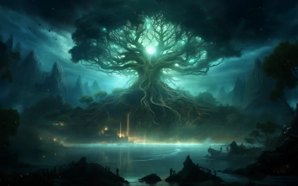 HD wallpaper of mystical Yggdrasil tree with glowing light in a magical forest setting for desktop background.