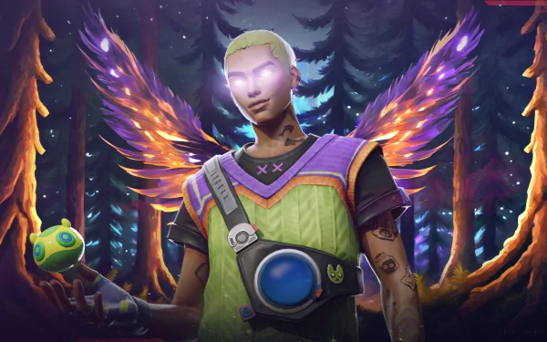 HD PC desktop wallpaper featuring Gekko from Valorant with glowing wings in a mystical forest setting, showcasing vibrant colors and detailed video game art.
