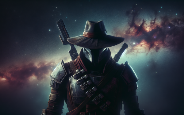 HD wallpaper of a silhouetted bounty hunter with hat and futuristic armor against a cosmic backdrop, perfect for desktop background.