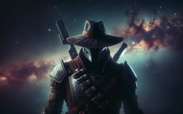 A mysterious bounty hunter stands against a cosmic backdrop, wearing a wide-brimmed hat and equipped with weapons, creating an immersive HD wallpaper for your desktop.