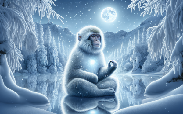 HD desktop wallpaper featuring a serene snow monkey in a blue-toned, snowy landscape with sparkling trees under a full moon.
