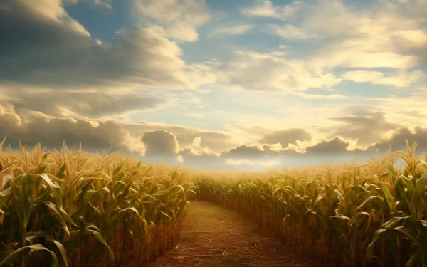 A serene landscape features tall cornstalks flanking a path, under a dramatic sky filled with soft clouds, creating a beautiful HD desktop wallpaper and background.