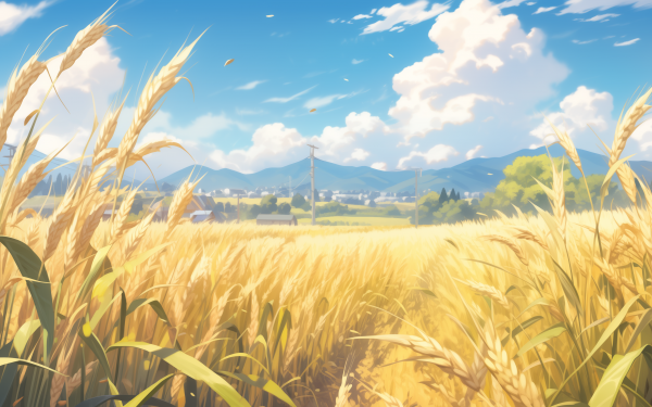 HD desktop wallpaper of ripe wheat field ready for harvest with blue sky and clouds in the background.