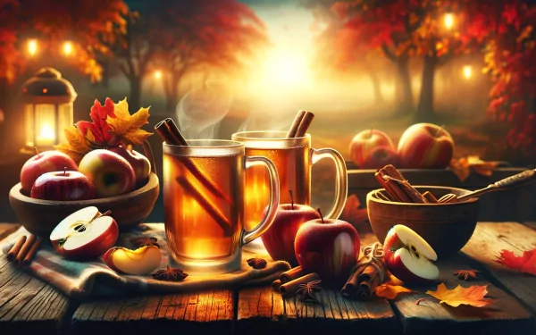 A warm autumn scene featuring two mugs of apple cider with cinnamon sticks, surrounded by fresh apples and vibrant fall leaves, creating a cozy atmosphere for your desktop wallpaper.