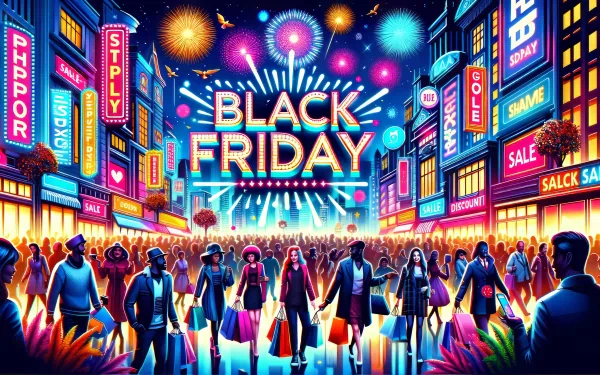Vibrant HD wallpaper of a bustling Black Friday shopping street with colorful fireworks, bright store signage, and enthusiastic shoppers.