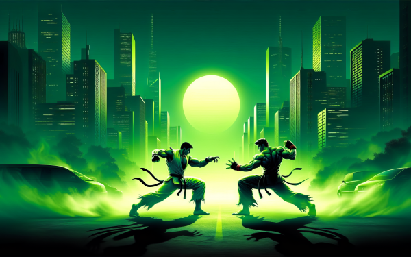 HD Street Fighter themed desktop wallpaper featuring iconic characters in a dynamic battle stance with a vivid green and yellow backdrop and a stylized city silhouette.