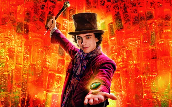 HD desktop wallpaper featuring the whimsical character Wonka in a vibrant costume with a top hat and a playful pose against a colorful abstract background.