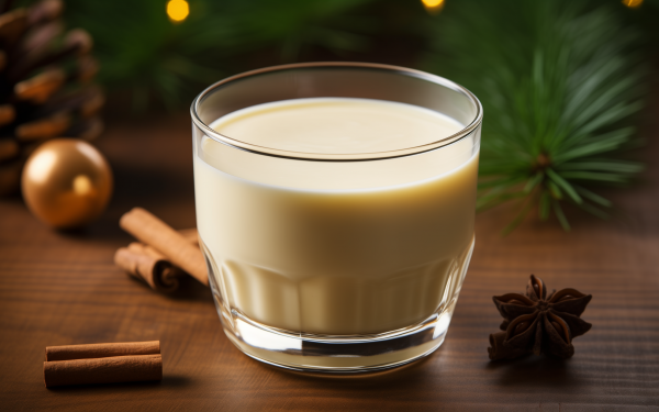 HD desktop wallpaper featuring a glass of eggnog with cinnamon sticks and a star anise, set against a festive background with pine branches and holiday ornaments.