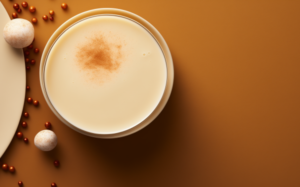 HD wallpaper of a creamy eggnog drink with a sprinkle of nutmeg, surrounded by festive decorations, perfect for a holiday desktop background.