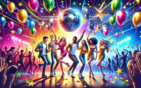Vibrant HD party-themed desktop wallpaper featuring a group of people dancing with festive balloons and a disco ball.