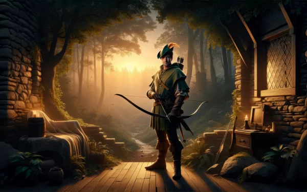HD desktop wallpaper of Robin Hood in a mystical forest background.