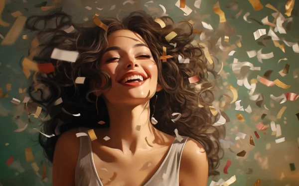 Young woman smiling with joy surrounded by falling confetti, HD desktop wallpaper.