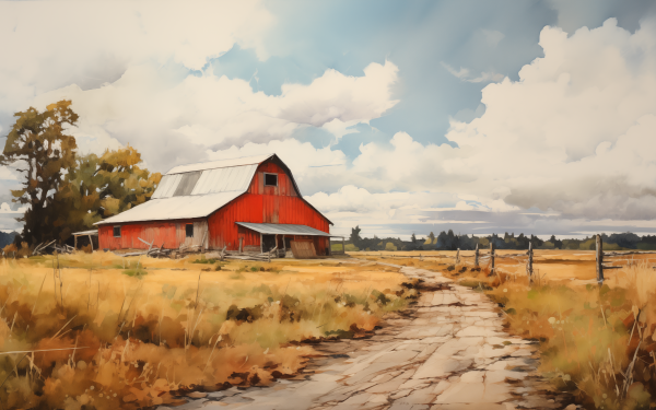 HD desktop wallpaper featuring a picturesque red barn surrounded by a rustic fence and golden fields under a cloudy sky.