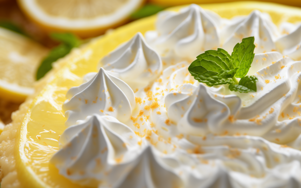 Close-up HD wallpaper of a delicious lemon pie with whipped cream and a mint leaf garnish, perfect for a fresh desktop background.