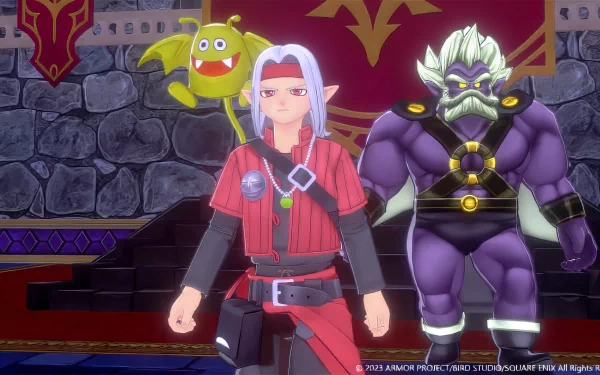 HD wallpaper featuring Dragon Quest Monsters characters The Dark Prince with a smiling yellow monster and a stern looking warrior in a fantasy castle setting.